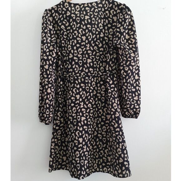 Nic & Jo Black Tan Cheetah Print Self Tie Wrap Around LS Casual Dress M - Picture 4 of 12